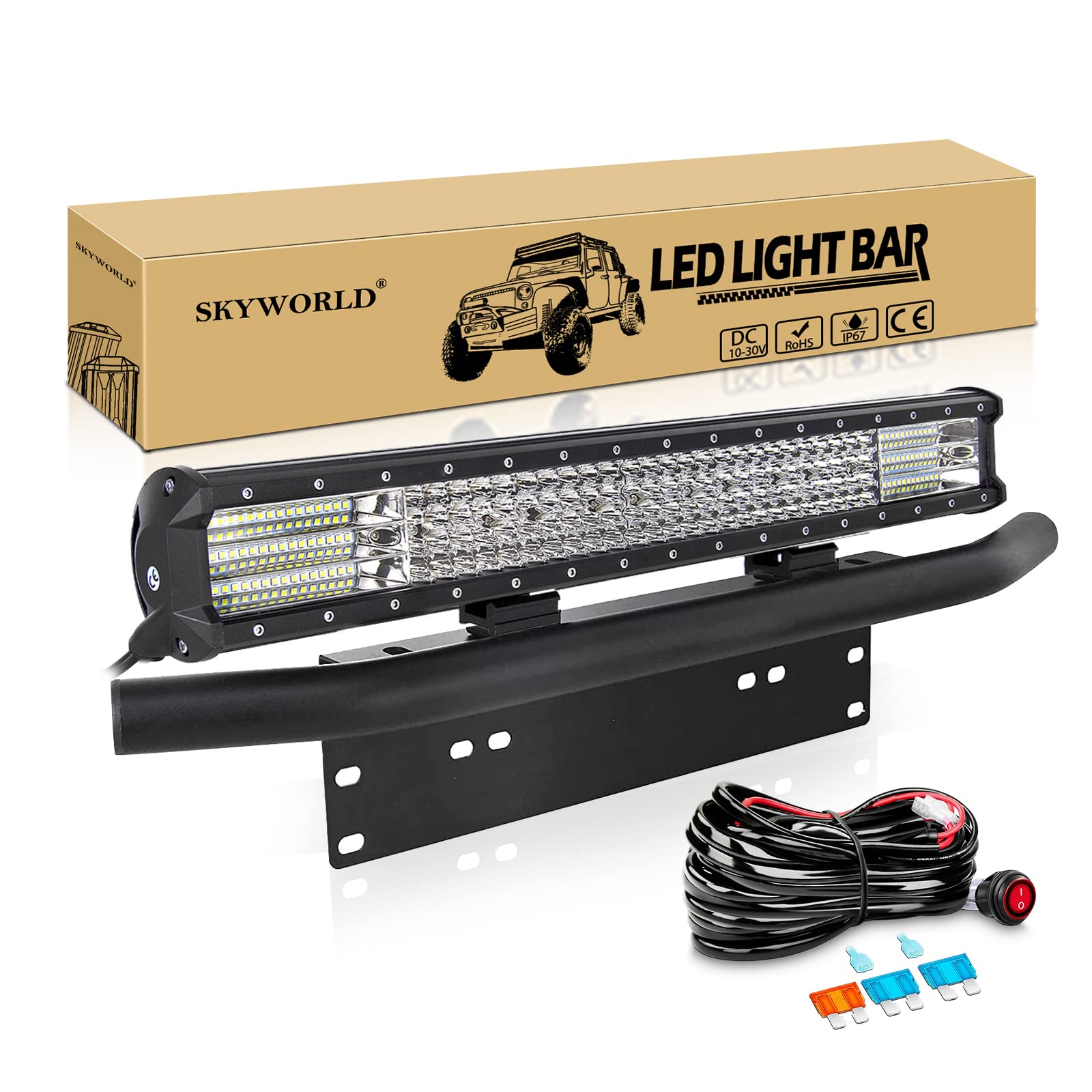 SKYWORLD LED-Lichtleiste, 59 cm 570W Spot-Flut-Kombistrahl, Arbeitslampe mit schwarzem Nummernschild-Montagehalterung, 12 V Kabelbaum-Set, EIN-/Ausschalter für LKW Auto ATV SUV 4X4 von SKYWORLD