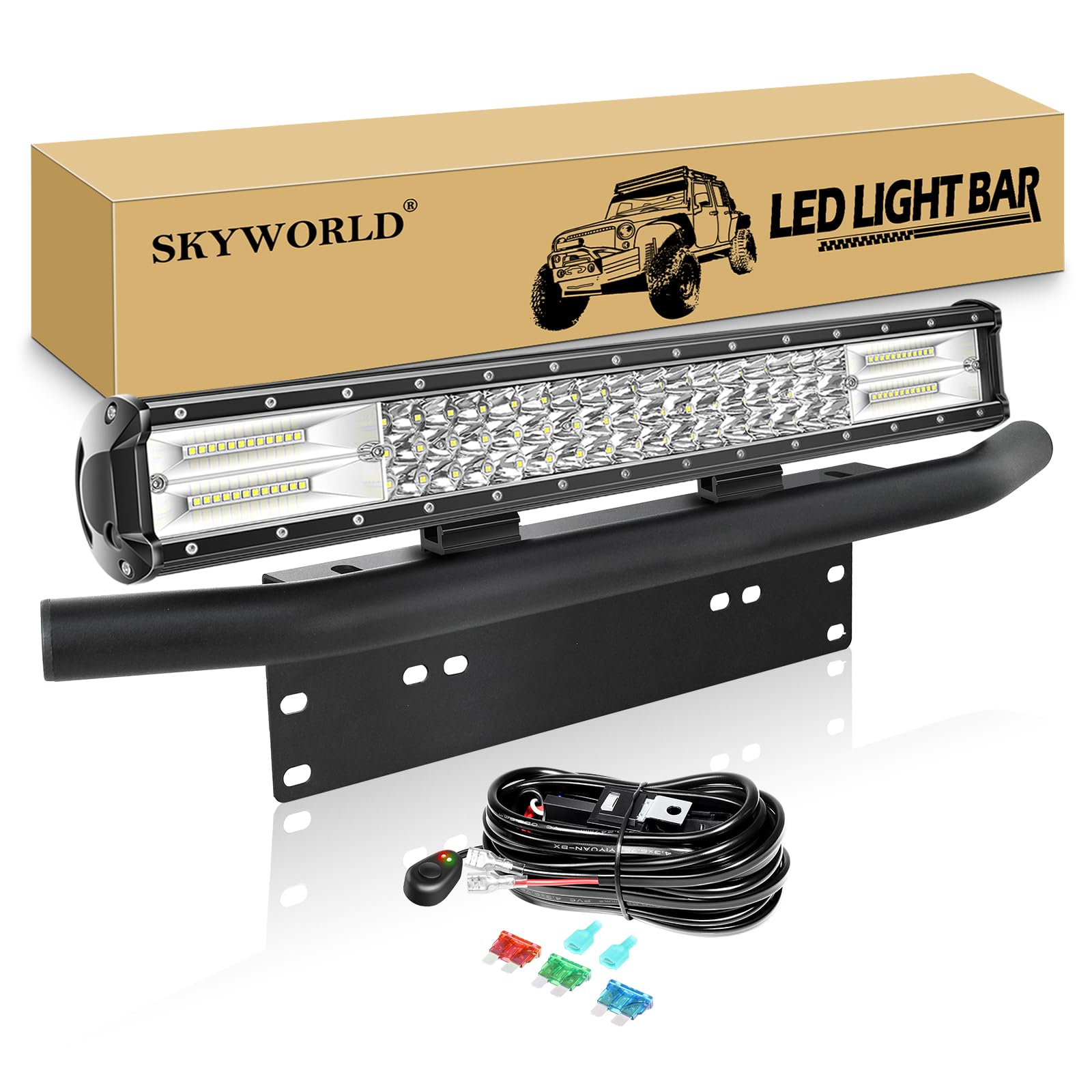 SKYWORLD LED-Lichtleiste, 7D 20 Zoll 288W Spot-Flood-Kombistrahl-Arbeitsscheinwerfer mit schwarzer Kennzeichenhalterung Kabelbaum-Kit für LKW PKW ATV SUV 4x4 LKW Boot von SKYWORLD