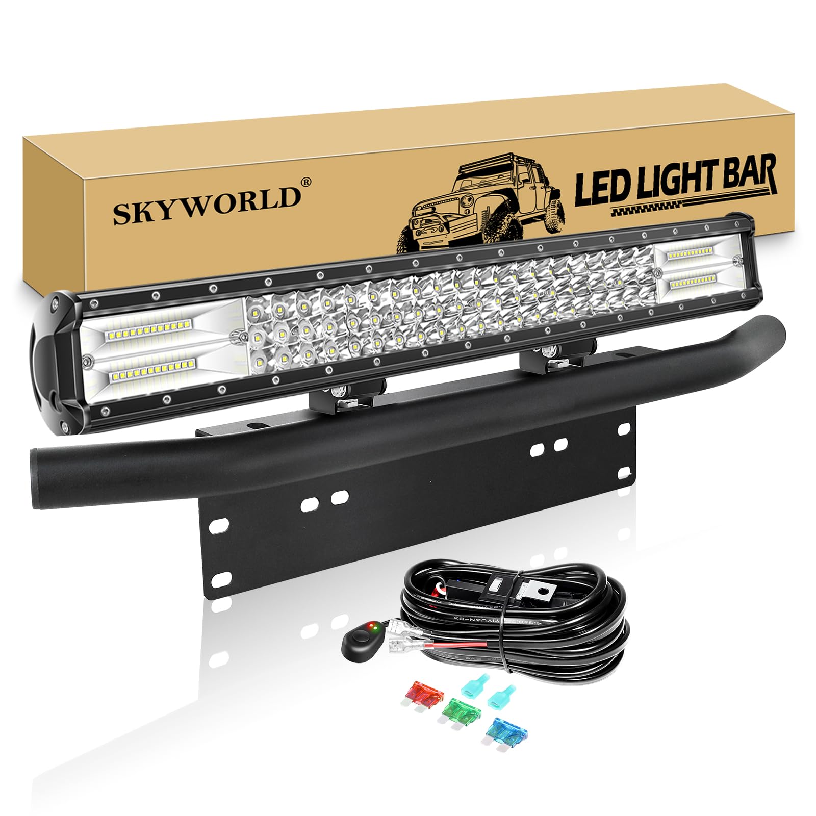 SKYWORLD LED-Lichtleiste, 7D 23" 324W Spot-Flood-Kombistrahl-Arbeitsscheinwerfer mit Montagehalterung mit schwarzer Kennzeichenhalterung Kabelbaum-Kit für LKW PKW ATV SUV 4X4 Auto von SKYWORLD