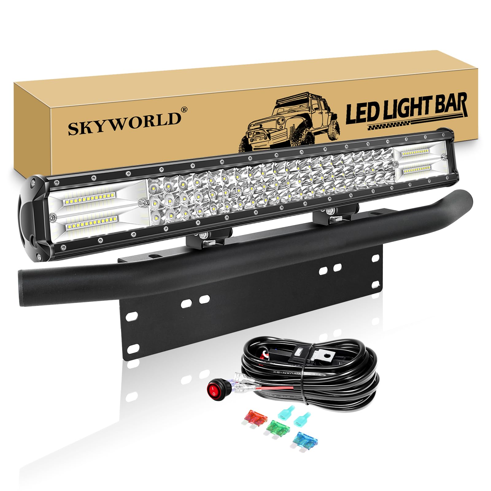 SKYWORLD LED-Lichtleiste, 7D 23" 324W Spot-Flut-Kombistrahl, Arbeitslampe mit Montagehalterung mit schwarzem Nummernschild-Montagehalterung, 12 V Kabelbaum EIN-/Ausschalter für LKW Auto ATV SUV 4X4 von SKYWORLD