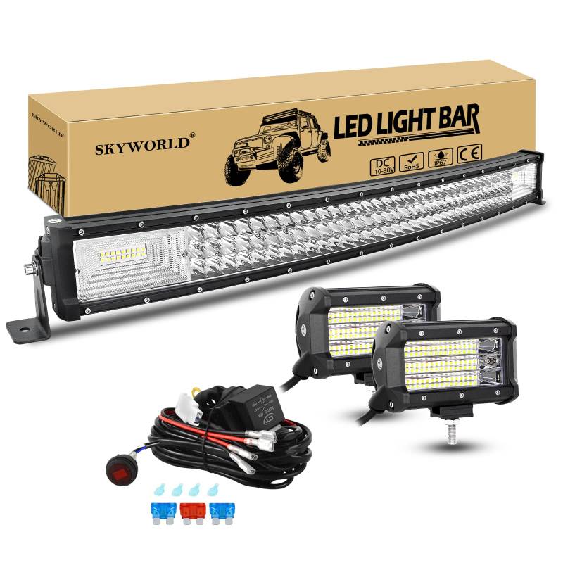 SKYWORLD Nebelscheinwerfer Gebogene LED Lichtleiste, 32 Zoll 405W Offroad LED Arbeitsscheinwerfer Bar mit 12V kabelbaum kit, 2Pcs 4 Zoll 135W Zusatzscheinwerfer Led Strahler für Auto SUV LKW 4x4 von SKYWORLD