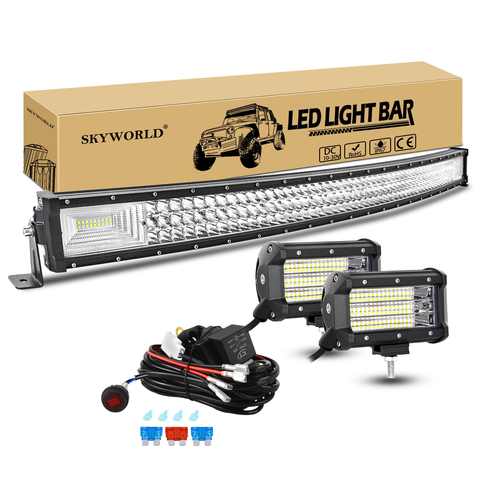 SKYWORLD Nebelscheinwerfer Gebogene LED Lichtleiste, 42 Zoll 540W Offroad LED Arbeitsscheinwerfer Bar mit 12V kabelbaum kit, 2Pcs 4 Zoll 135W Zusatzscheinwerfer Led Strahler für Auto SUV LKW 4x4 von SKYWORLD