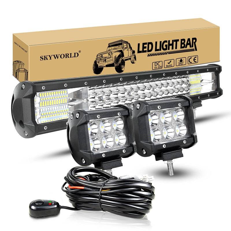 LED Arbeitsscheinwerfer Bar SKYWORLD 50cm 288W Lightbar Offroad Scheinwerfer Zusatzscheinwerfer 12V 24V + 2 x 10cm 18W LED Scheinwerfer mit Kabelbaum-Kit für 4x4 LKW Auto Traktor SUV UTV ATV von SKYWORLD