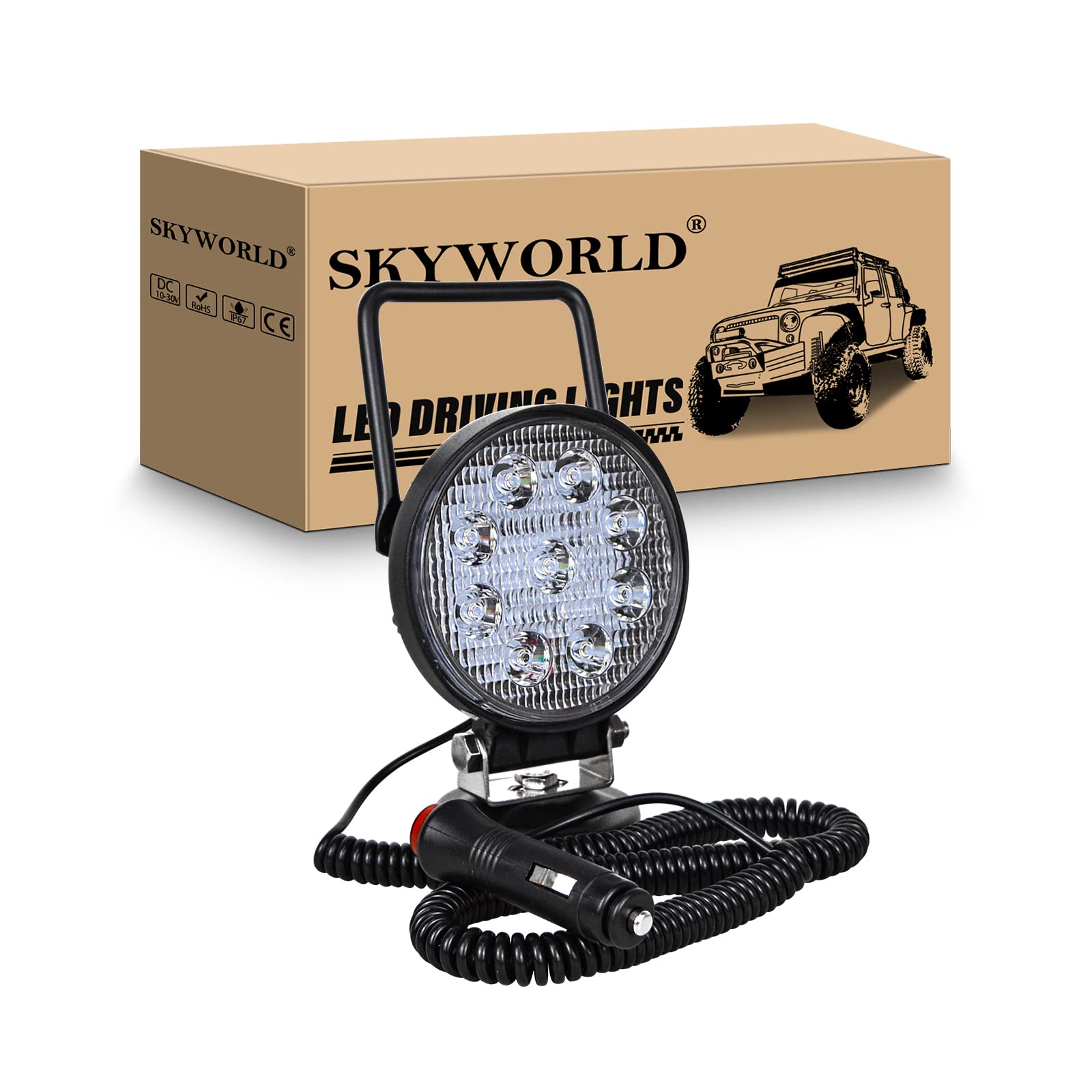 SKYWORLD led Arbeitsscheinwerfer mit Magnetfuß, 4 Zoll 10cm 27W runden LED Spot Strahler 12V 24V Suchlicht Offroad Beleuchtung für Auto SUV ATV Traktor LKW 4x4 Boot, 6000K LED Suchscheinwerfer von SKYWORLD