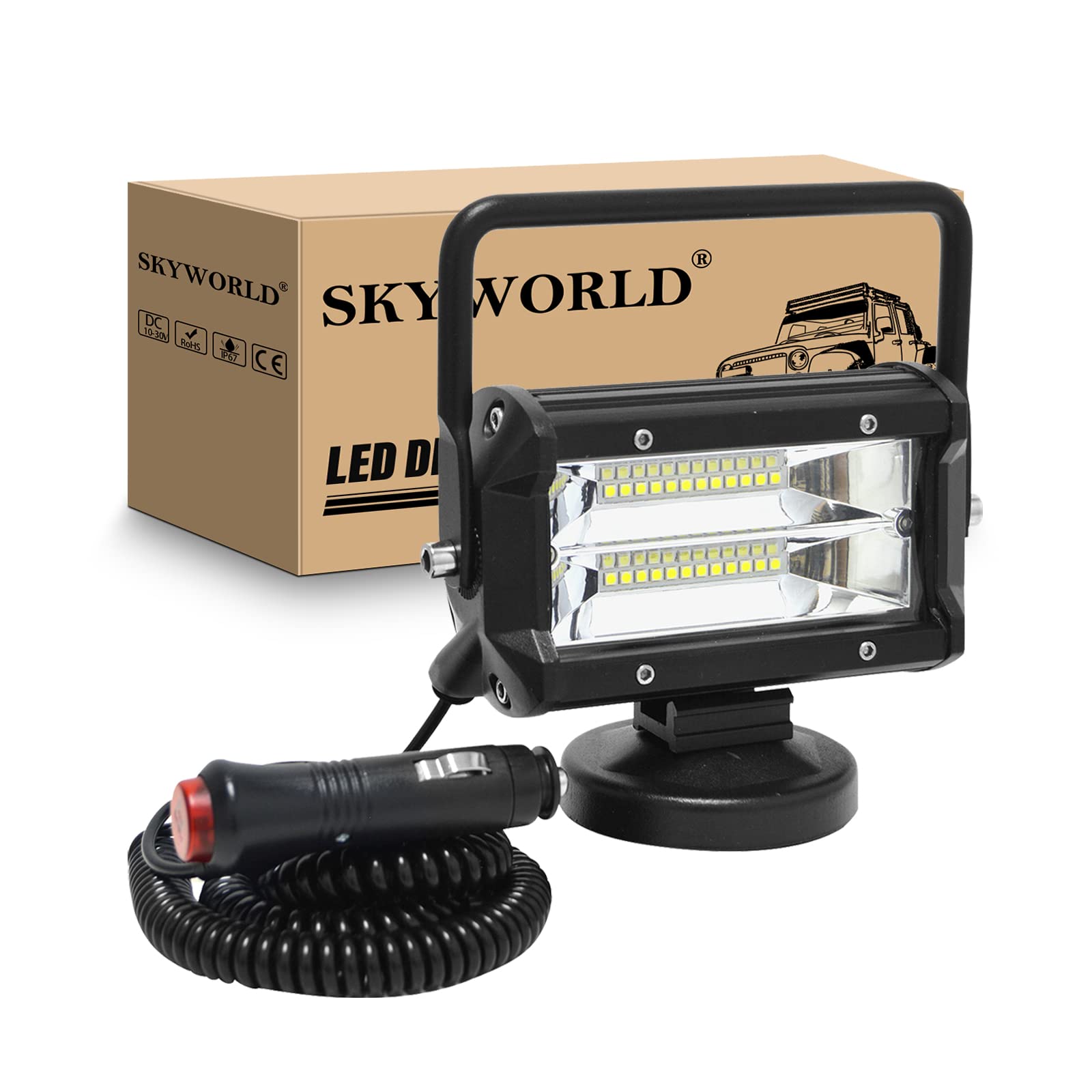 SKYWORLD led Arbeitsscheinwerfer mit Magnetfuß, 5 Zoll 13cm 72W LED Strahler Flood Beam 12V 24V Suchlicht Offroad Beleuchtung für Auto SUV ATV Traktor LKW 4x4 Boot, 6000K LED Suchscheinwerfer von SKYWORLD