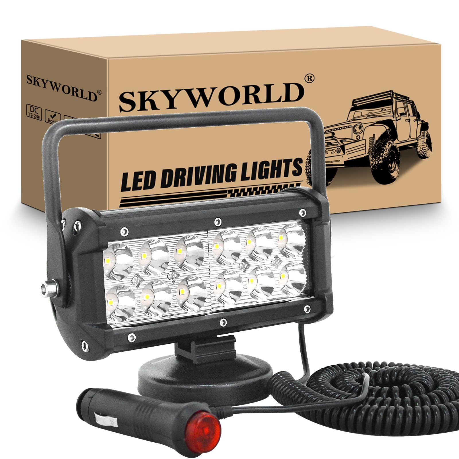 SKYWORLD led Arbeitsscheinwerfer mit Magnetfuß, 7 Zoll 18cm 36W LED Spot Strahler 12V 24V Suchlicht Offroad Beleuchtung für Auto SUV ATV Traktor LKW 4x4 Boot, 6000K LED Suchscheinwerfer von SKYWORLD