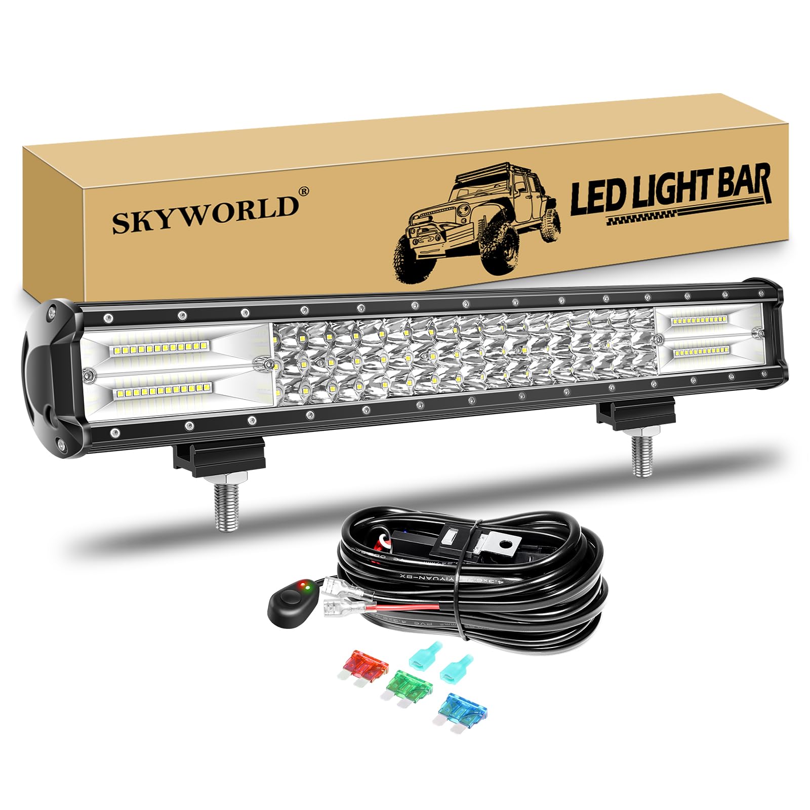 LED Arbeitsscheinwerfer Bar, SKYWORLD 20 Zoll 288W LED Scheinwerfer Lightbar 12V 24V mit Kabelbaum Flutlicht Reflektor Combo Arbeitslicht Zusatzscheinwerfer für 4x4 Auto Offroad Traktor SUV UTV ATV von SKYWORLD