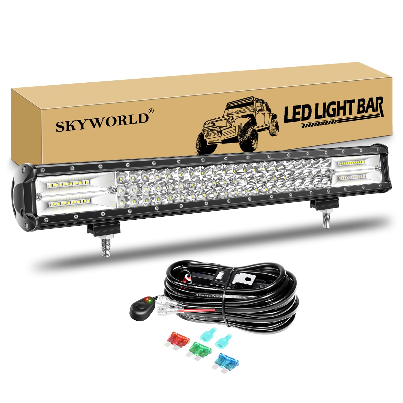 SKYWORLD LED Arbeitsscheinwerfer Bar, 23 Zoll 324W LED Scheinwerfer Lightbar 12V 24V mit Kabelbaum Flutlicht Reflektor Combo Arbeitslicht Zusatzscheinwerfer für 4x4 Auto Offroad Traktor SUV UTV ATV von SKYWORLD