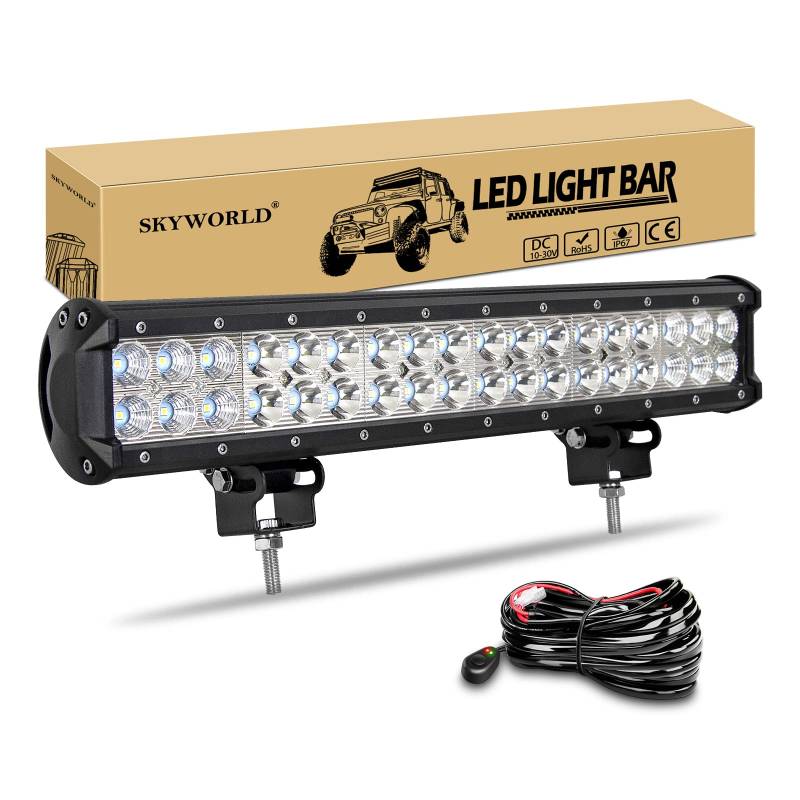 SKYWORLD led zusatzscheinwerfer bar, Zweireihiges 18 Zoll 45 cm 108W Scheinwerfer Flutlicht Combo Offroad Scheinwerfer mit Kabelbaumsatz für 4x4 LKW Auto SUV Traktor Traktoren Arbeitsleuchte Offroad von SKYWORLD