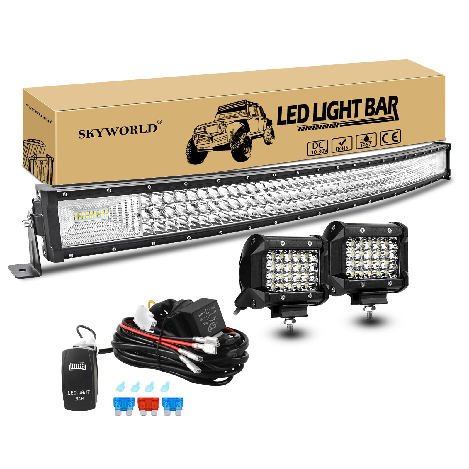 SKYWORLD Zusatzscheinwerfer, 42 Zoll 54000LM Gebogen LED Arbeitsscheinwerfer Offroad Beleuchtung mit 12V kabelbaum kit, 2 x 4 Zoll 6000LM Rückfahrscheinwerfer Auto SUV LKW KFZ 4x4 Fahrzeuge von SKYWORLD