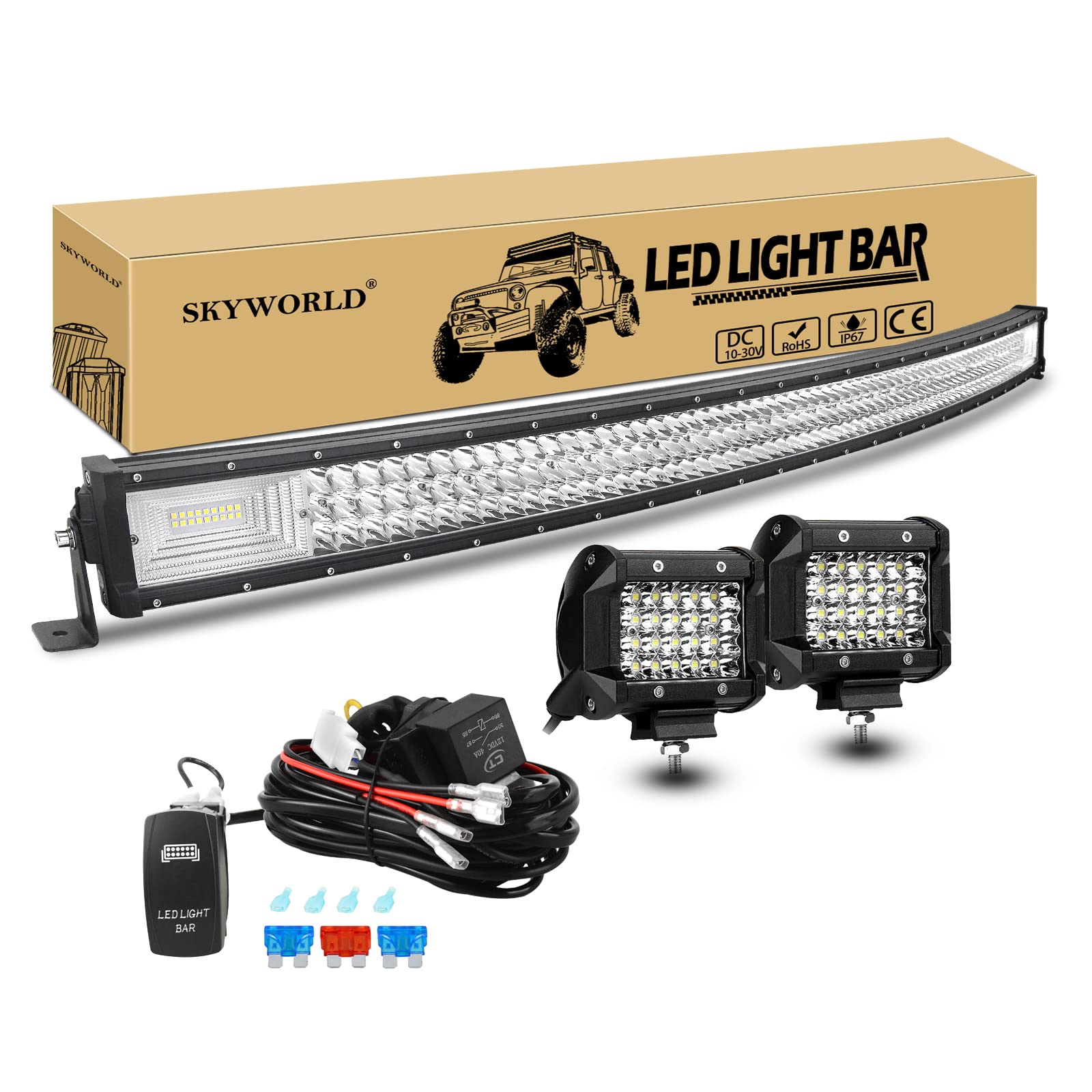 SKYWORLD Zusatzscheinwerfer, 50 Zoll 64800LM Gebogen LED Arbeitsscheinwerfer Offroad Beleuchtung mit 12V kabelbaum kit, 2 x 4 Zoll 6000LM Rückfahrscheinwerfer Auto SUV LKW KFZ 4x4 Fahrzeuge von SKYWORLD