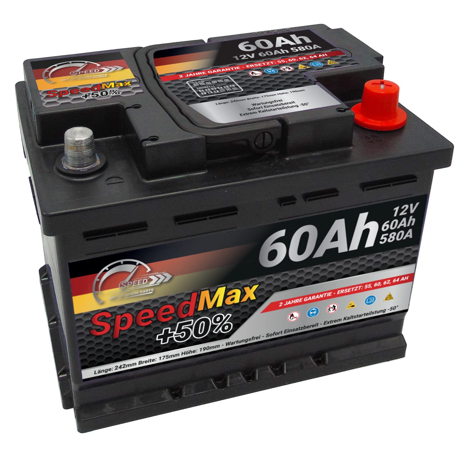 Autobatterie Speed Max (L260MAX) 60Ah 580A 12v ersetzt 55Ah 62Ah 65Ah von SMC