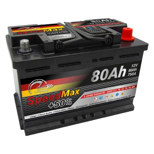 SMC Autobatterie Speed Max 80Ah L3 750A EN 12v PKW Ersetzt 65Ah 70Ah 72Ah 74Ah Starterbatterie wartungsfrei- Maße der Batterie: 278 x 175 x 190 mm - Pluspol rechts (DX+) von SMC