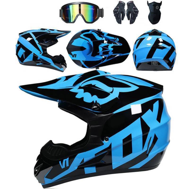 Jugend Motorradhelm Motocross Helm Kinder Erwachsene Cross Helms Herren ATV Motorradhelm MX Enduro Full Face MTB Helm DOT-Zertifizierter Mit Brille Maske Handschuhe Downhill Helm,Blue/A-XXL von SMTSEC