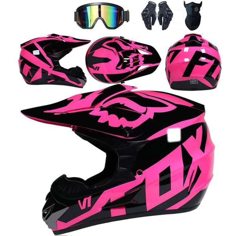 Jugend Motorradhelm Motocross Helm Kinder Erwachsene Cross Helms Herren ATV Motorradhelm MX Enduro Full Face MTB Helm DOT-Zertifizierter Mit Brille Maske Handschuhe Downhill Helm,Pink/A-XL von SMTSEC