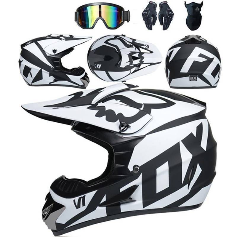 Jugend Motorradhelm Motocross Helm Kinder Erwachsene Cross Helms Herren ATV Motorradhelm MX Enduro Full Face MTB Helm DOT-Zertifizierter Mit Brille Maske Handschuhe Downhill Helm,White-XXL von SMTSEC