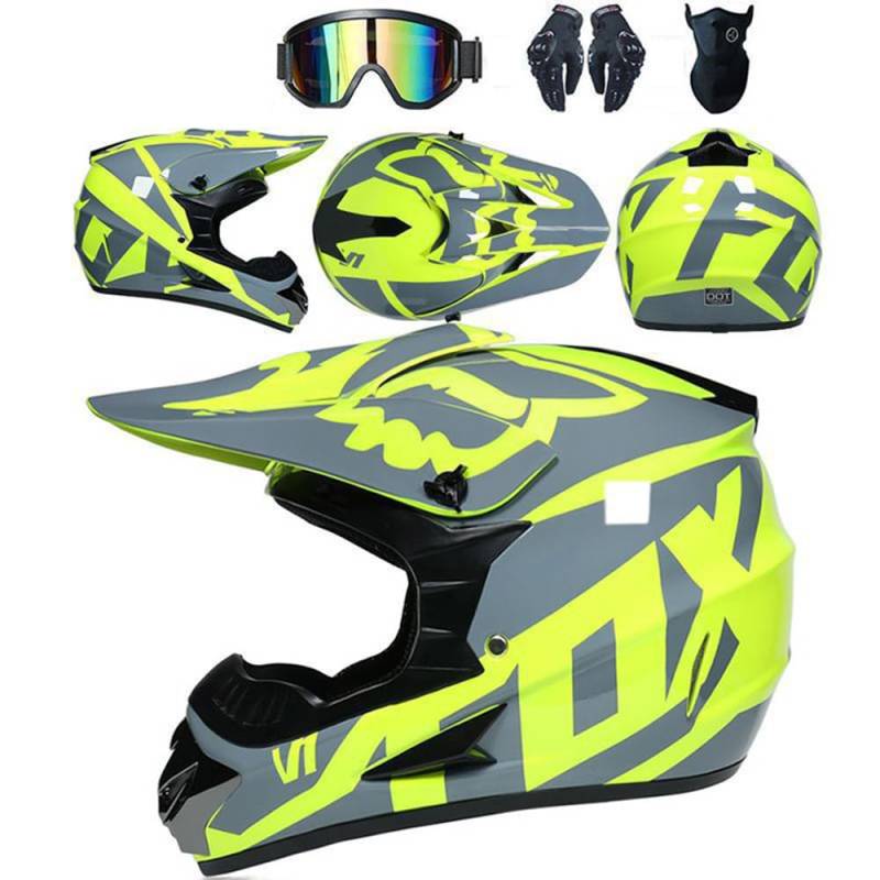 Jugend Motorradhelm Motocross Helm Kinder Erwachsene Cross Helms Herren ATV Motorradhelm MX Enduro Full Face MTB Helm DOT-Zertifizierter Mit Brille Maske Handschuhe Downhill Helm,Yellow/B-XXL von SMTSEC