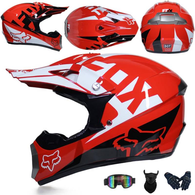 Motocross Helm Kinder Erwachsene Dirt Bike Offroad Cross Helm Herren ATV Motocross Helm Jugend Motorradhelm MX Enduro Full Face MTB Helm DOT-Zertifizierter Mit Brille Maske Handschuhe,Red-M von SMTSEC