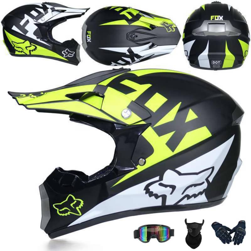 Motocross Helm Kinder Erwachsene Dirt Bike Offroad Cross Helm Herren ATV Motocross Helm Jugend Motorradhelm MX Enduro Full Face MTB Helm DOT-Zertifizierter Mit Brille Maske Handschuhe,Yellow-L von SMTSEC
