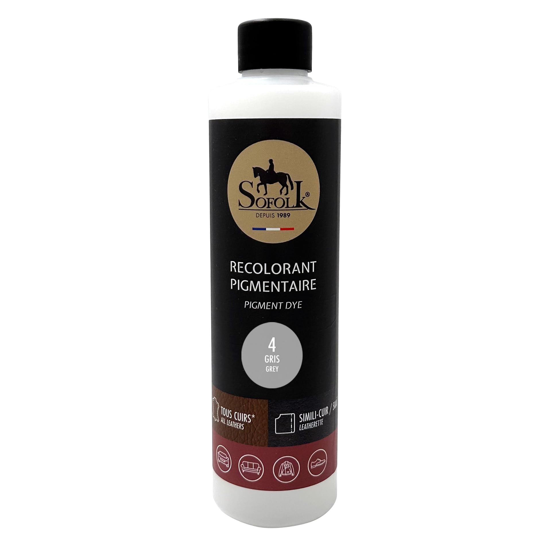 Sofolk Leder/Kunstleder/Vinyl-Lackierung - 21 Farben - Pflege für Autositz und Lenkrad, Sofa, Schuh, Jacke und andere Bekleidung (04-Grey, 250ml) von SOFOLK DEPUIS 1989