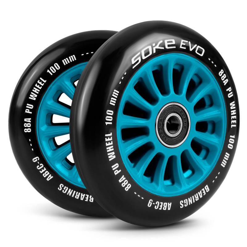 SOKE Rollerräder Set 2 Stück Durchmesser 100 mm Achse 8 mm Kugellager ABEC 9 Härte 88A Aluminium und PU für harte Oberflächen Blau von SOKE