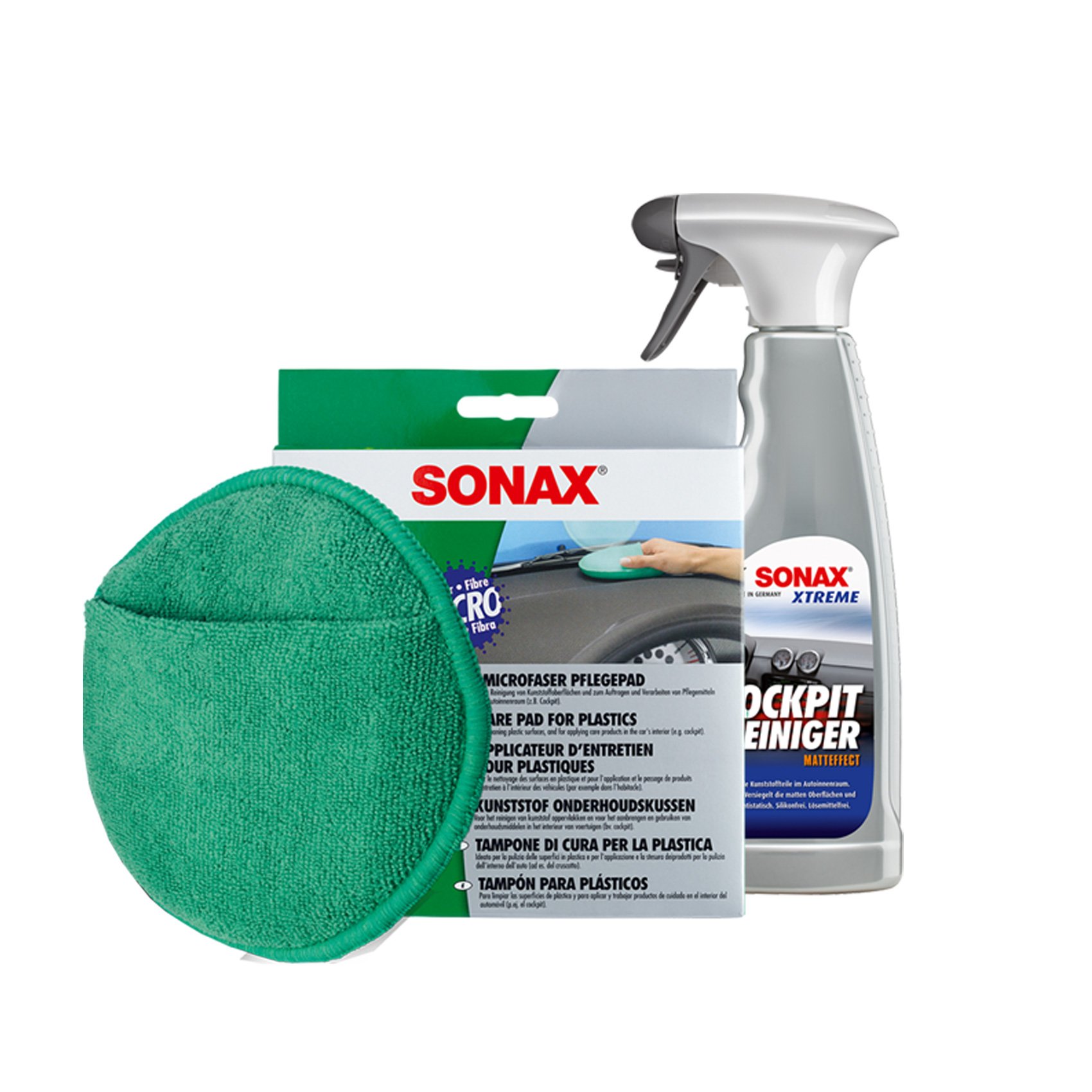 MICROFASER Pflege PAD Schwamm + COCKPITPFLEGER MATTEFFECT Spray Set von SONAX