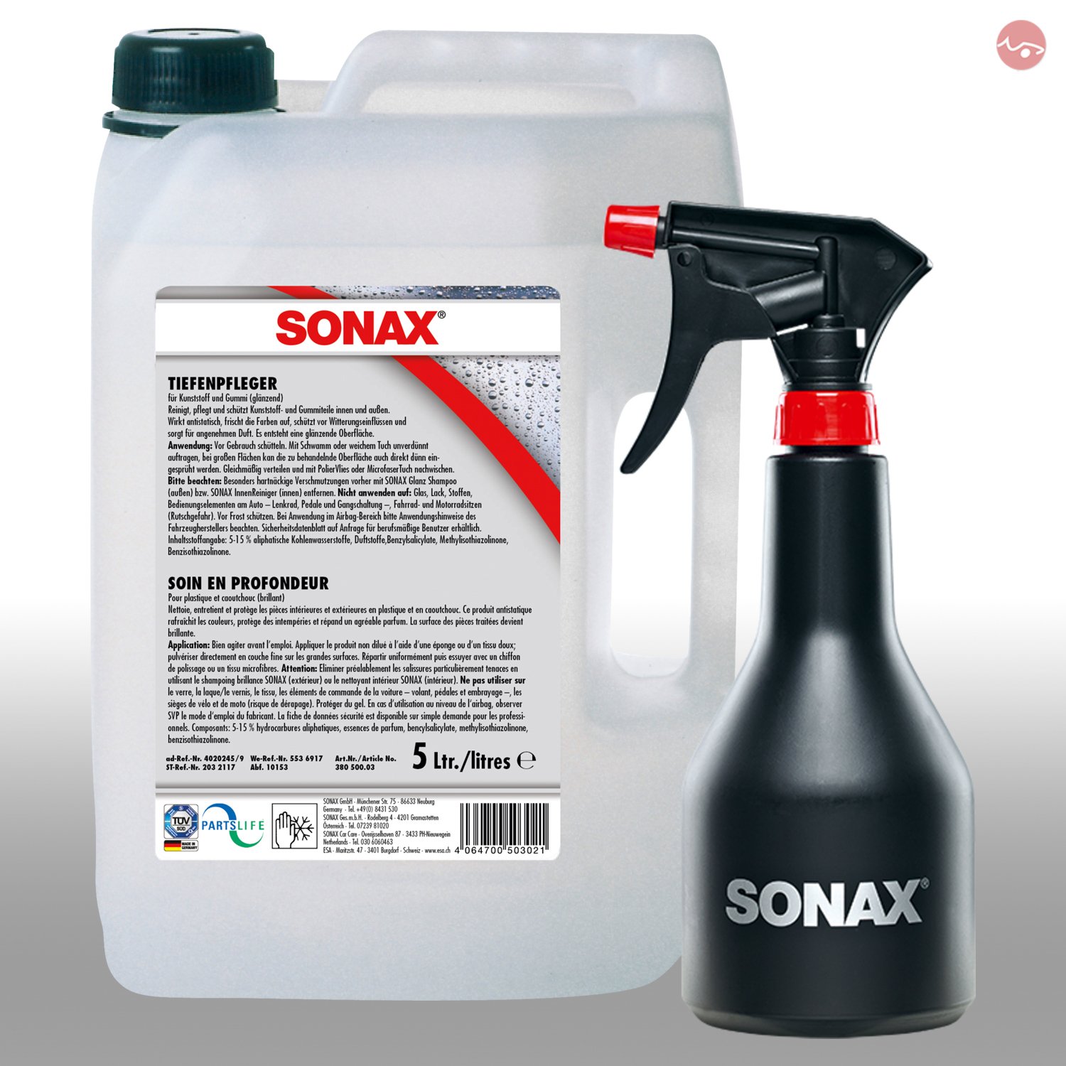 SONAX TiefenPfleger Glänzend 5 L 03805000 + GRATIS Sprühboy Sprühflasche 0499700 von SONAX