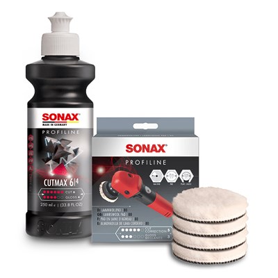 Sonax 1x 250ml PROFILINE Poliermittel CutMax + 4x Lammwollpad 80mm [Hersteller-Nr. 02461410] von SONAX