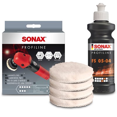 Sonax 1x 250ml PROFILINE Poliermittel FS 05-04 + 4x Lammwollpad 80mm [Hersteller-Nr. 03191410] von SONAX