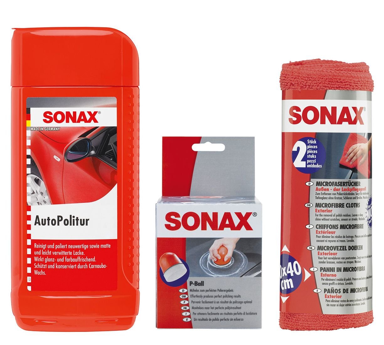 1x 500ml SONAX AUTOPOLITUR + SONAX P-BALL + 2x SONAX MICROFASERTÜCHER AUSSEN SET von SONAX