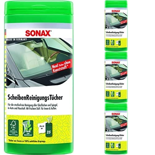 SONAX ScheibenReinigungsTücher Box (25 Stück) zur schnellen, einfachen und streifenfreien Reinigung von Allen Glas- und Spiegelflächen | Art-Nr. 04120000, 4er Packung von SONAX