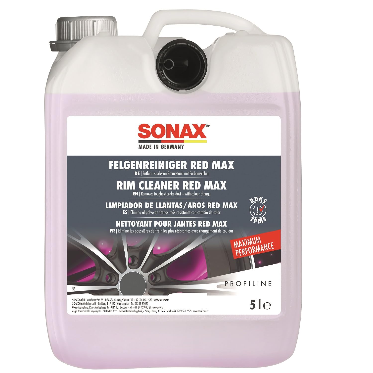 SONAX PROFILINE FelgenReiniger Red Max (5 Liter) entfernt stärksten Bremsstaub mit Farbumschlag | Art-Nr. 02315050 von SONAX