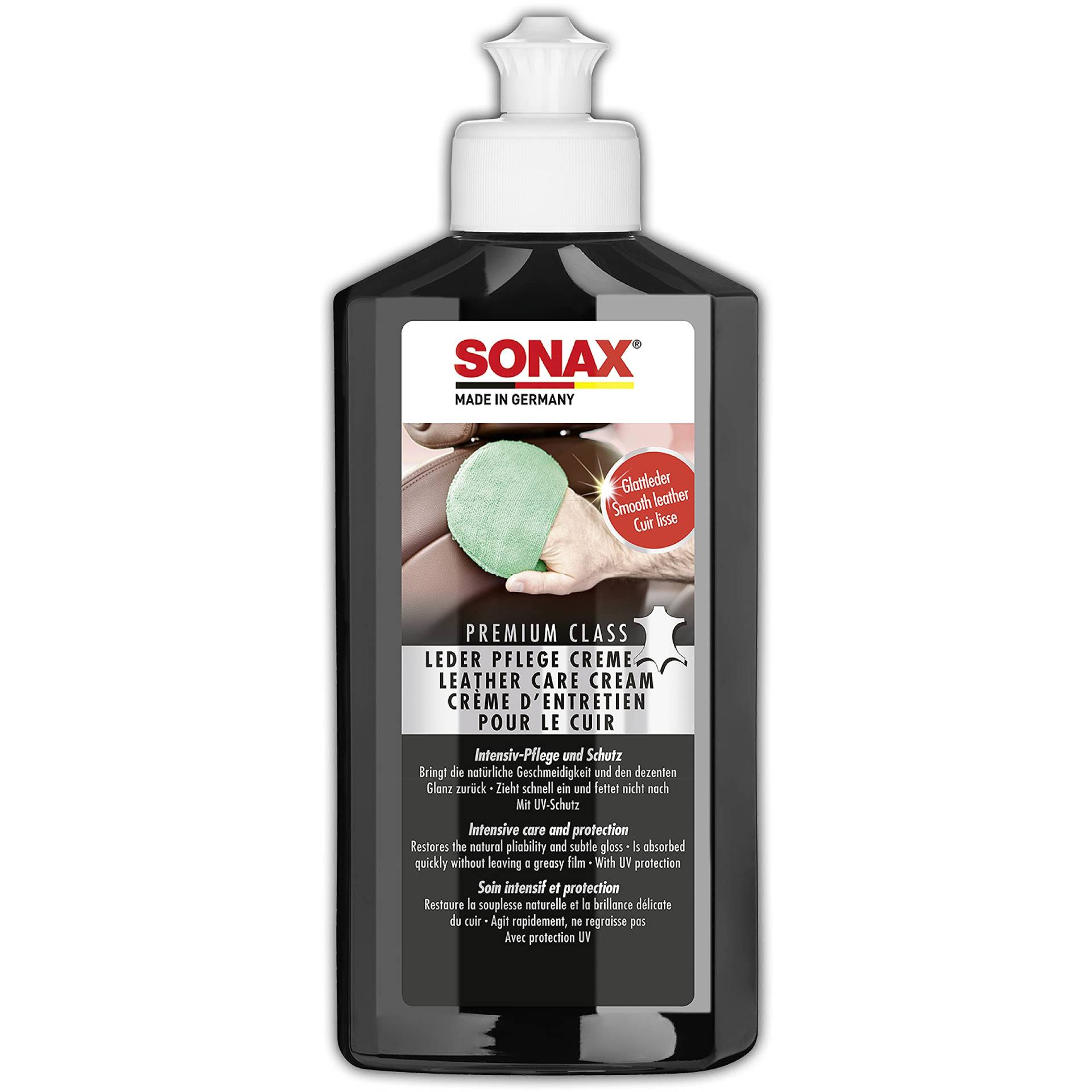 SONAX PREMIUM CLASS LederPflegeCreme (250 ml) intensive Pflege für Glattlder durch Feuchtigkeits-Emulsion mit Tiefenwirkung | Art-Nr. 02821410 von SONAX