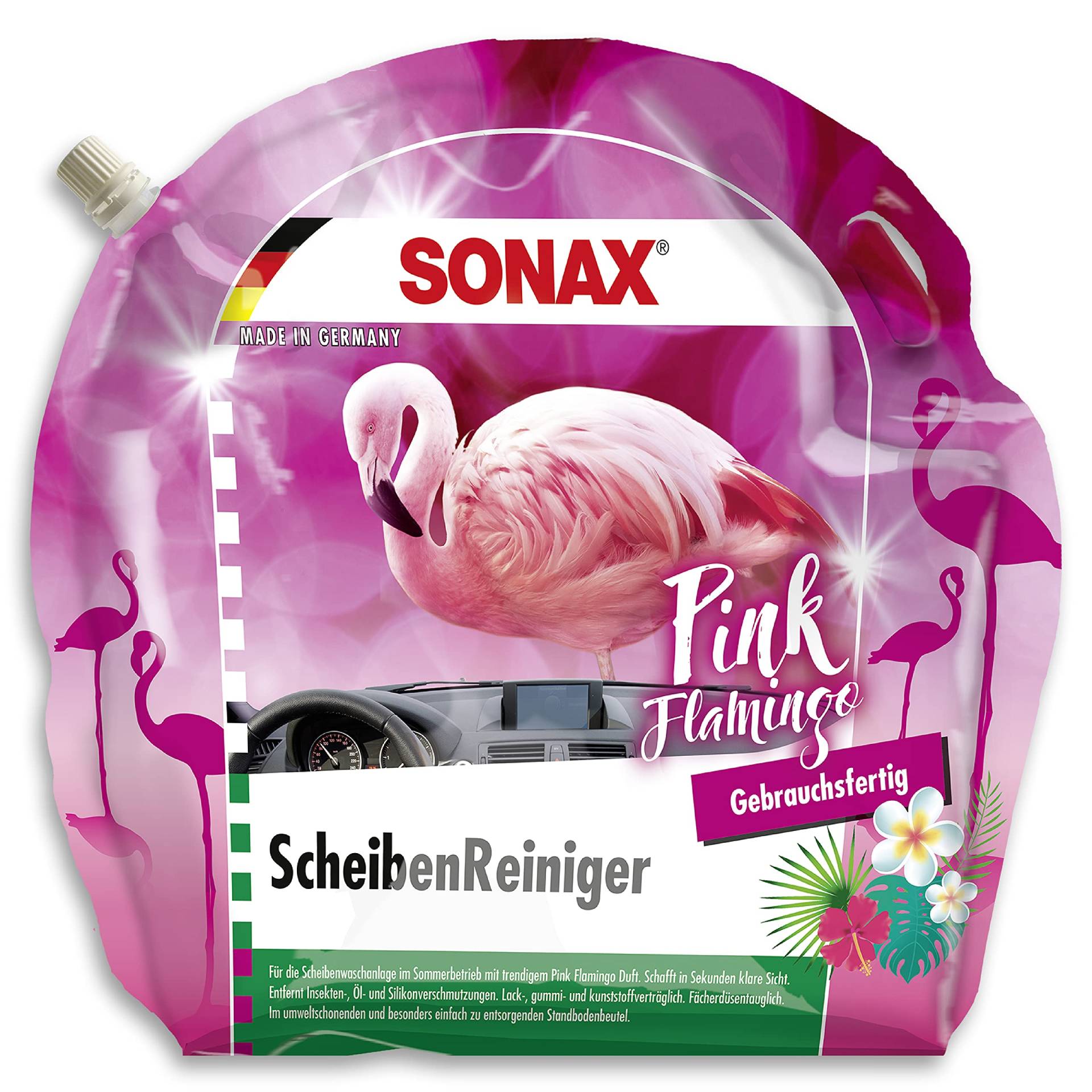 SONAX ScheibenReiniger gebrauchsfertig Pink Flamingo (3 Liter) sekundenschnell klare Sicht ohne Streifen und Schlieren | Art-Nr. 03894410 von SONAX