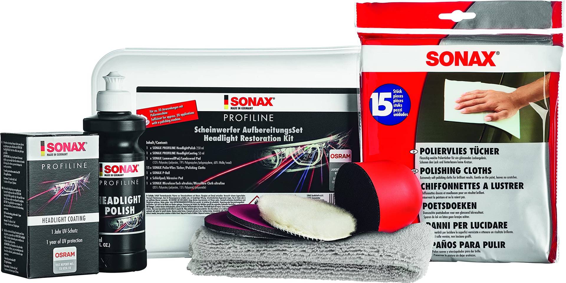 SONAX PROFILINE ScheinwerferAufbereitungsSet (325 ml) Aufbereitung von altersbedingt vergilbten und vermatteten Scheinwerfer-Abdeckungen aus Kunststoff, Art-Nr 04057410 von SONAX