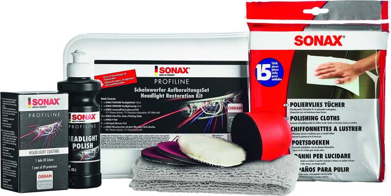 SONAX PROFILINE ScheinwerferAufbereitungsSet (325 ml) professionelle Aufbereitung von altersbedingt vergilbten & vermatteten Scheinwerfern | Art-Nr. 04057410 von SONAX