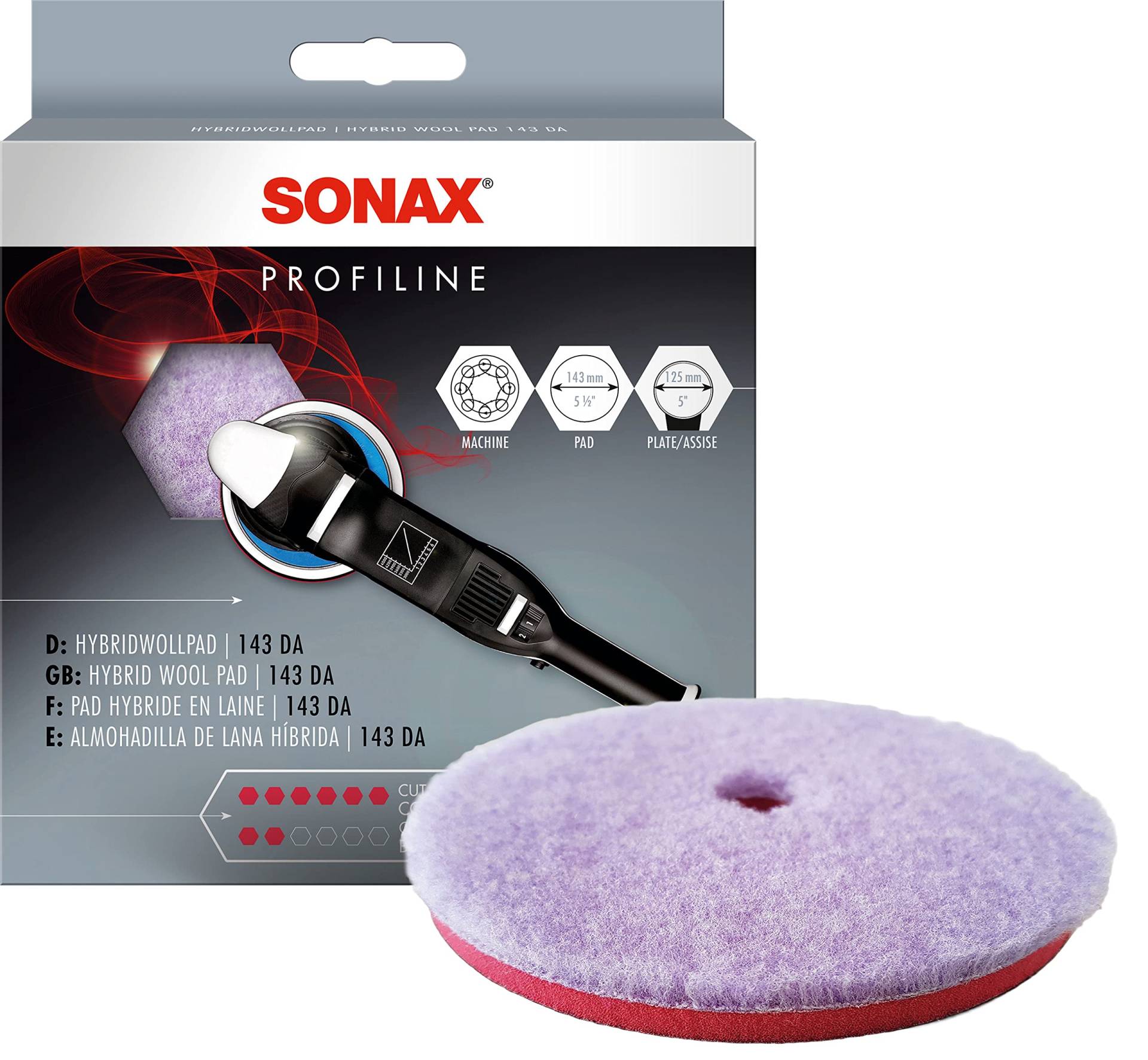 SONAX HybridWollPad 143 DA (1 Stück) Schleifpad für Exzenterpoliermaschinen zur Entfernung tiefer Verkratzungen und Vermattungen, Art-Nr. 04938000 von SONAX