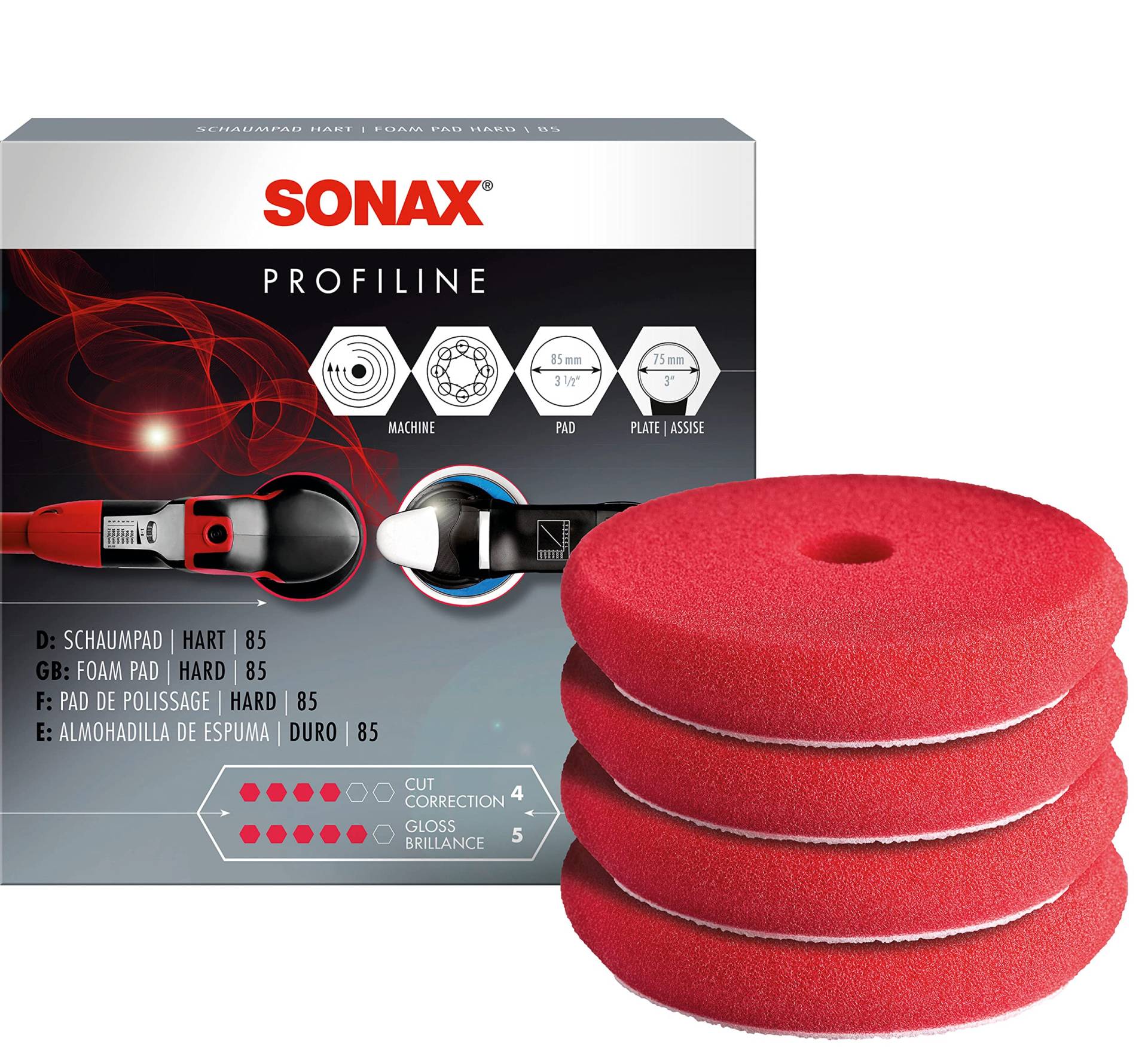 SONAX SchaumPad hart 85 mm (4 Stück) hochdichter, offener Schwamm zum maschinellen Polieren von Lacken | Art-Nr. 04942000 von SONAX