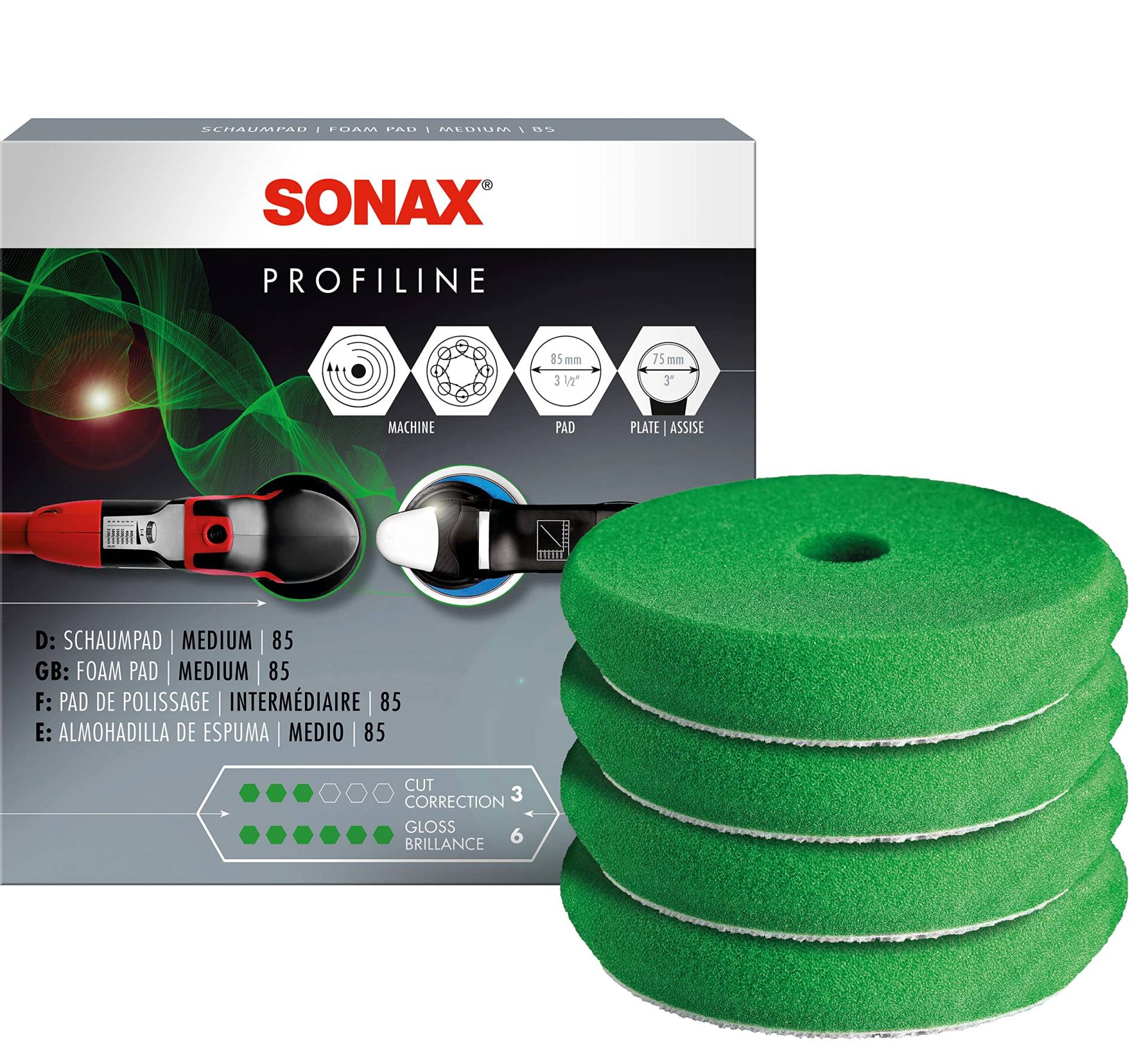 SONAX SchaumPad medium 85 mm (4 Stück) mittelharter, offenporiger Schwamm zum maschinellen Polieren von Lacken | Art-Nr. 04942410 von SONAX