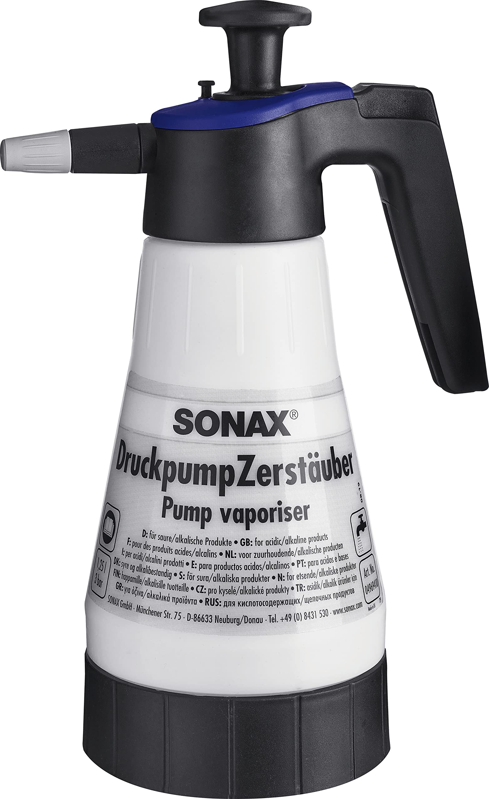 SONAX DruckpumpZerstäuber für saure/alkalische Produkte (1 Stück) zum bequemen Aufbringen von säure- und alkalienhaltigen Reinigungs- und Pflegemitteln | Art-Nr. 04969410 von SONAX