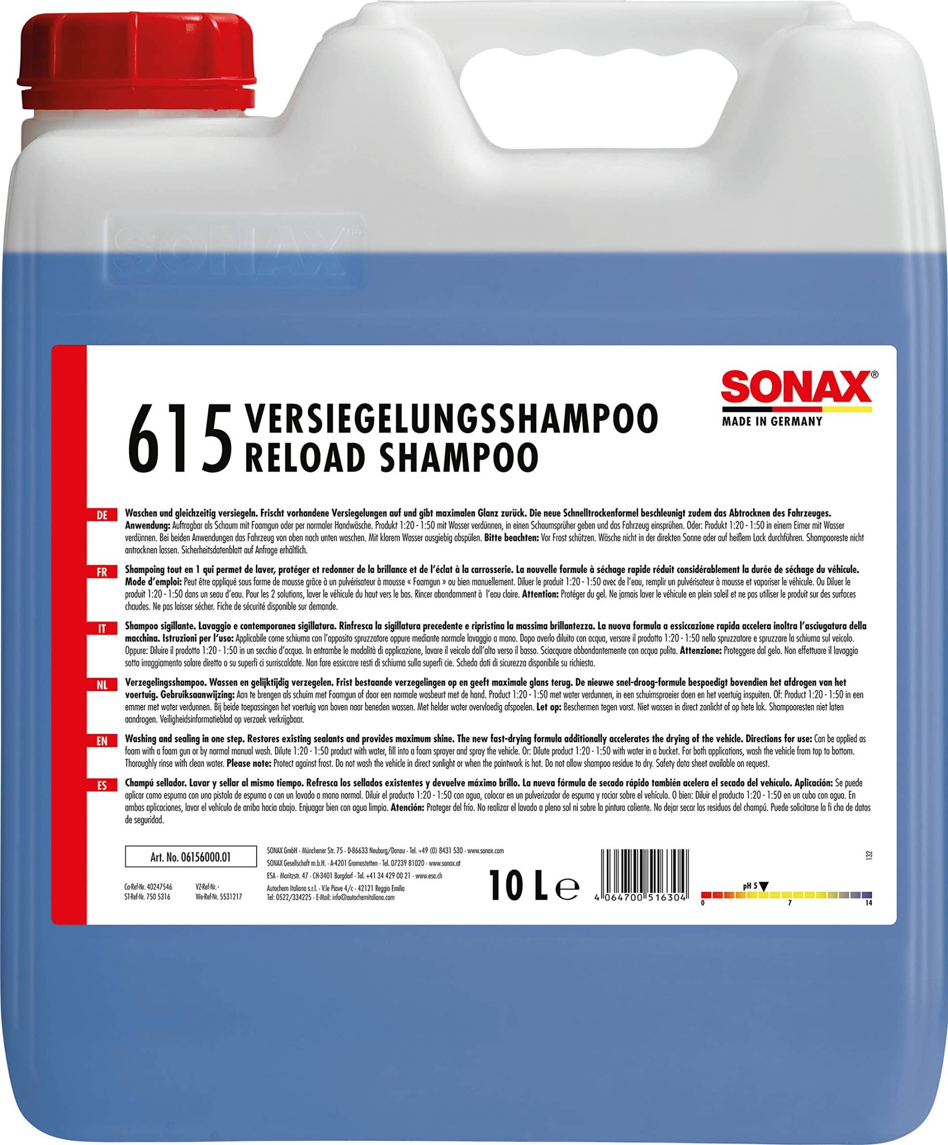 SONAX PROFILINE Reload Shampoo (10 Liter) frischt vorhandene Versiegelungen auf und gibt maximalen Glanz zurück | Art-Nr. 06156000 von SONAX