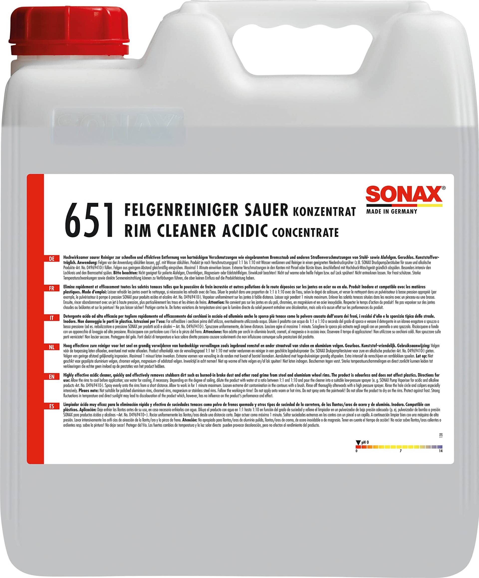 SONAX Felgenreiniger (10 Liter) hochwirksamer saurer Reiniger zur schnellen und effektiven Entfernung von hartnäckigen Verschmutzungen | Art-Nr. 06516000 von SONAX