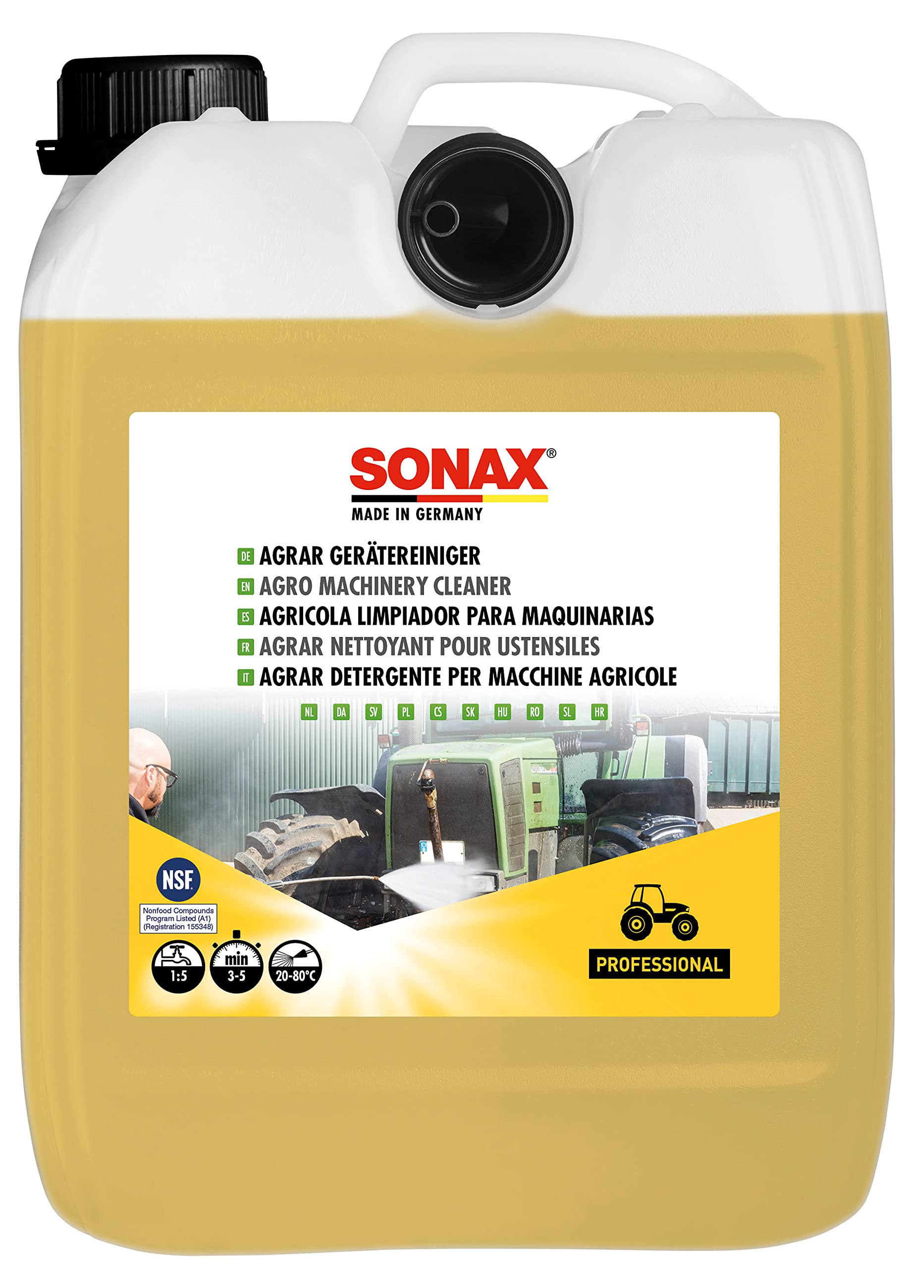 SONAX AGRAR GeräteReiniger (5 Liter) alkalischer Kraftreiniger für die Reinigung von landwirtschaftlichen Fahrzeugen, Maschinen & Anlagen sowie zur Werkstattreinigung, Art-Nr. 07055000 von SONAX