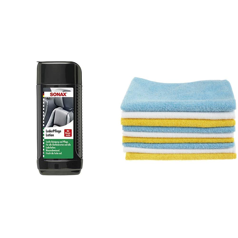 SONAX 291141 Leder-Pflege-Lotion, 250 ml & Amazon Basics Mikrofaser-Reinigungstücher, 12 Stück von SONAX