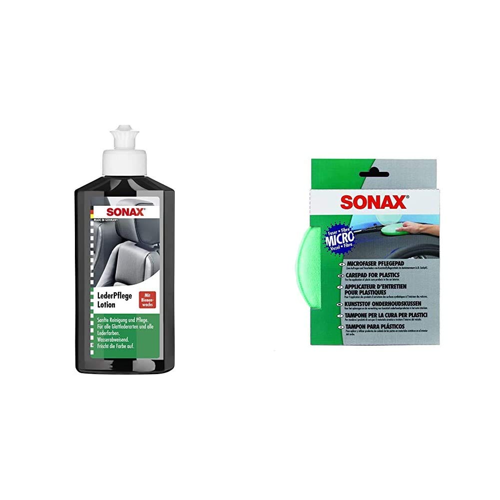 SONAX 291141 Leder-Pflege-Lotion, 250 ml & MicrofaserPflegePad (1 Stück) für gleichmäßiges Auftragen von Kunststoffpflegemitteln im Innenraum und EIN gründliches Ergebnis | Art-Nr. 04172000 von SONAX