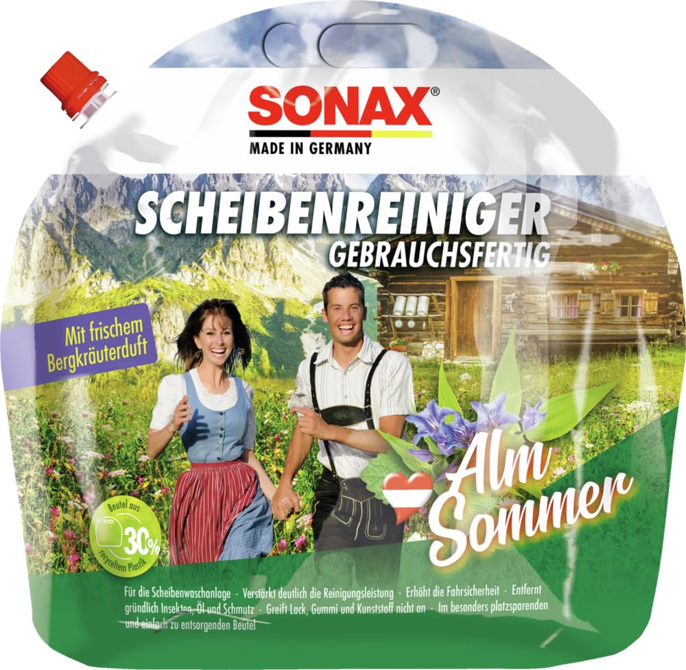 SONAX ScheibenReiniger gebrauchsfertig AlmSommer (3 Lier) mit einzigartigem Bergkräuterduft, für die Scheibenwaschanlage im Sommer | Art-Nr. 03224410 von SONAX
