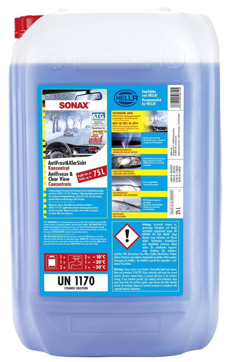 SONAX AntiFrost&KlarSicht Konzentrat (25 Liter) ergibt bis zu 75 Liter Winter-Scheibenwaschwasser, sofort mischbereit, schlierenfrei, Antikalk-Effekt | Art-Nr. 03327050 von SONAX