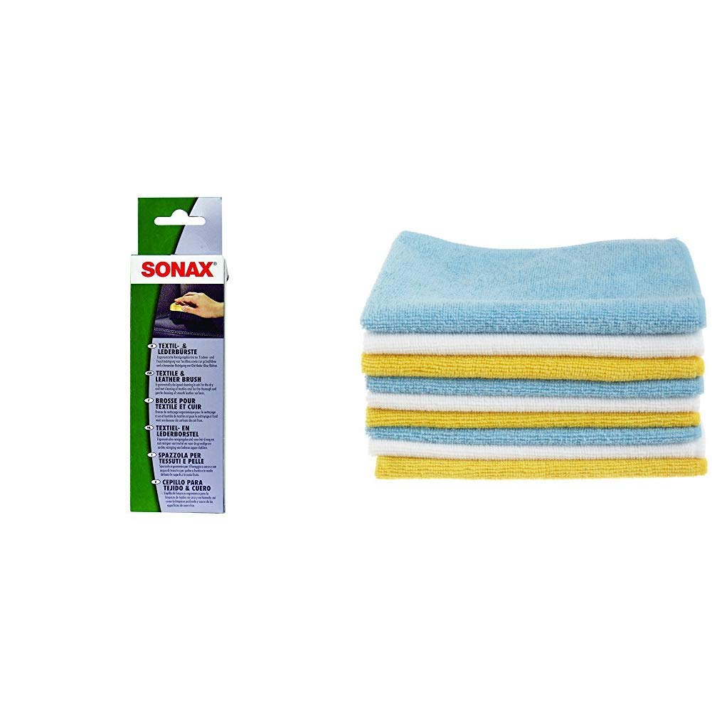 SONAX 416741 Textil-& Lederbürste & Amazon Basics Mikrofaser-Reinigungstücher, 12 Stück von SONAX