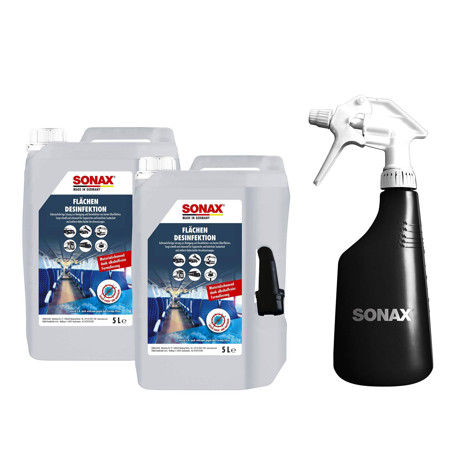 SONAX FlächenDesinfektion (2 x 5 Liter) + Sprühboy ist die gebrauchsfertige Lösung zur Reinigung und Desinfektion von allen harten Oberflächen rund ums Auto | Art-Nr. 07686000 von SONAX