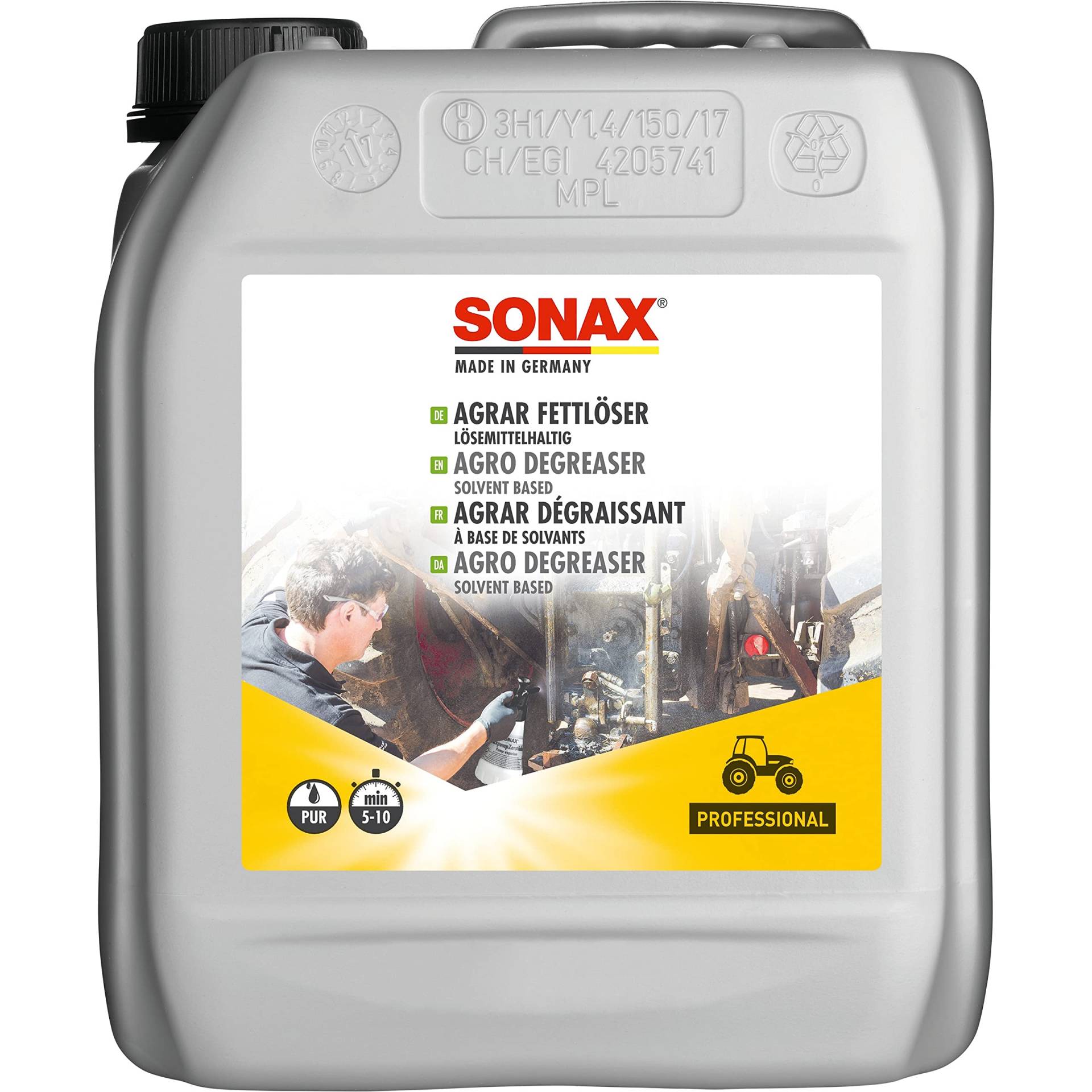 SONAX AGRAR FettLöser lösemittelhaltig (5 Liter) für verhärtete Fettbeläge an Hydraulik, Lenkung und Motor sowie zur Werkzeugreinigung | Art-Nr. 07425000 von SONAX